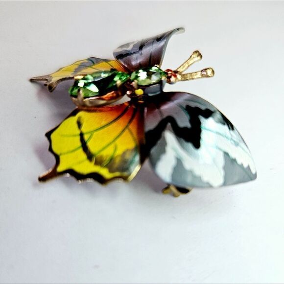 Vintage '60s Handpainted Green Rhinestone Czechoslovakia Butterfly Pin Brooch - Picture 4 of 7